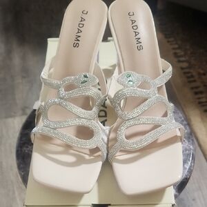 Adams Silver Rhinestone Snake-Embellished White Mules